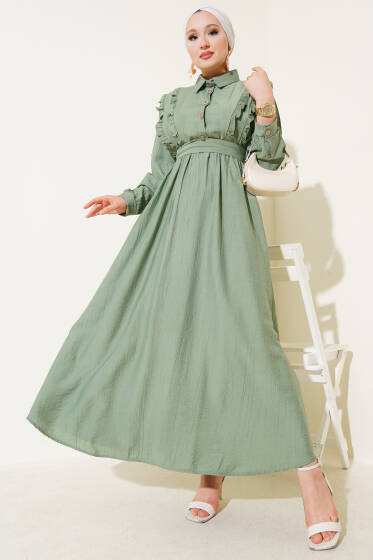 Önü Fırfır Detaylı Kuşaklı Elbise Çağla Yeşili - Elbise