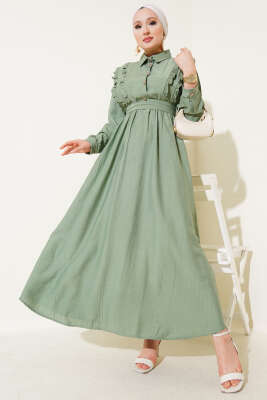 Önü Fırfır Detaylı Kuşaklı Elbise Çağla Yeşili 