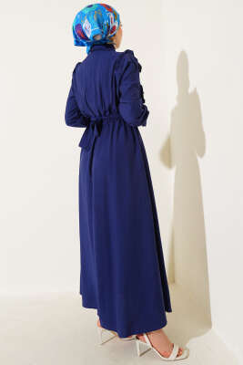 Önü Fırfır Detaylı Kuşaklı Elbise Lacivert - Tesettür Elbise
