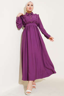 Önü Fırfır Detaylı Kuşaklı Elbise Magenta - Tesettür Elbise