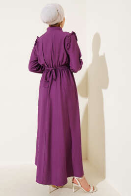 Önü Fırfır Detaylı Kuşaklı Elbise Magenta - Tesettür Elbise