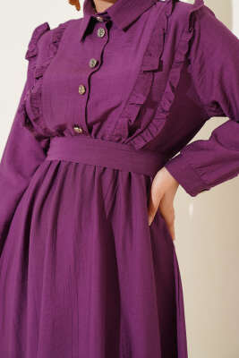 Önü Fırfır Detaylı Kuşaklı Elbise Magenta - Tesettür Elbise