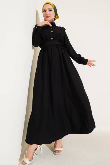 Önü Fırfır Detaylı Kuşaklı Elbise Siyah - Elbise