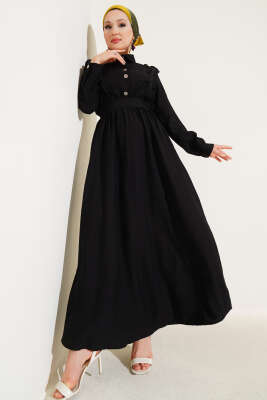 Önü Fırfır Detaylı Kuşaklı Elbise Siyah 