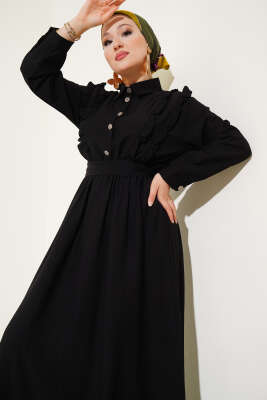 Önü Fırfır Detaylı Kuşaklı Elbise Siyah - Tesettür Elbise