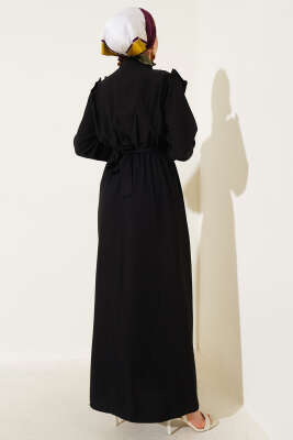 Önü Fırfır Detaylı Kuşaklı Elbise Siyah - Tesettür Elbise