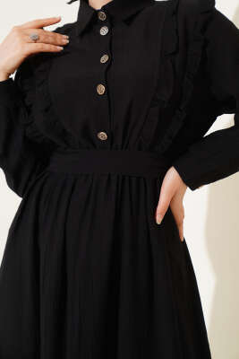 Önü Fırfır Detaylı Kuşaklı Elbise Siyah - Tesettür Elbise