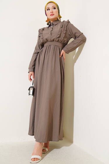 Önü Fırfır Detaylı Kuşaklı Elbise Vizon - Elbise