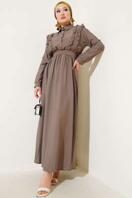 Önü Fırfır Detaylı Kuşaklı Elbise Vizon - NESSİA