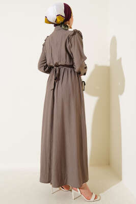 Önü Fırfır Detaylı Kuşaklı Elbise Vizon - Tesettür Elbise