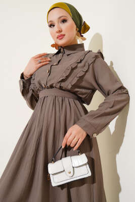 Önü Fırfır Detaylı Kuşaklı Elbise Vizon - Tesettür Elbise