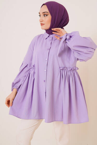 Önü Fırfır Detaylı Oversize Gömlek Lila - Gömlek