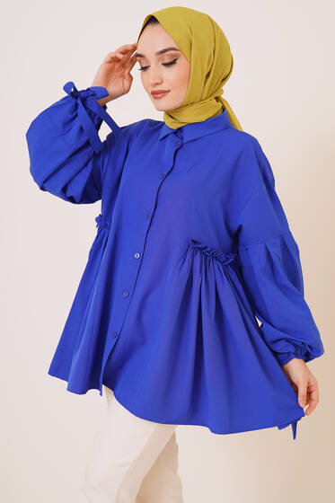 Önü Fırfır Detaylı Oversize Gömlek Saks - Gömlek