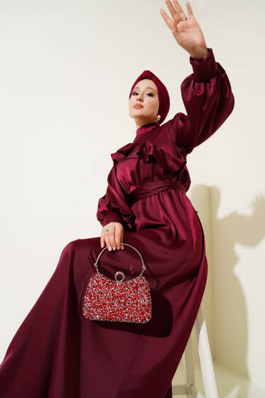 Önü Fırfır Detaylı Saten Abiye Elbise Bordo - Elbise