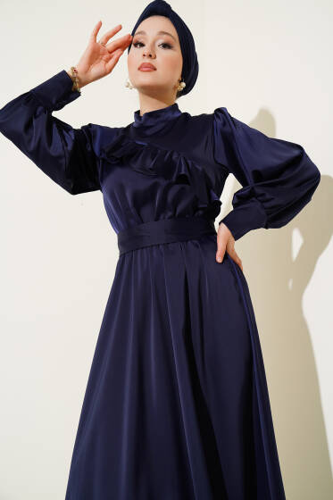 Önü Fırfır Detaylı Saten Abiye Elbise Lacivert - Elbise
