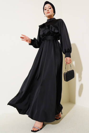 Önü Fırfır Detaylı Saten Abiye Elbise Siyah - Elbise