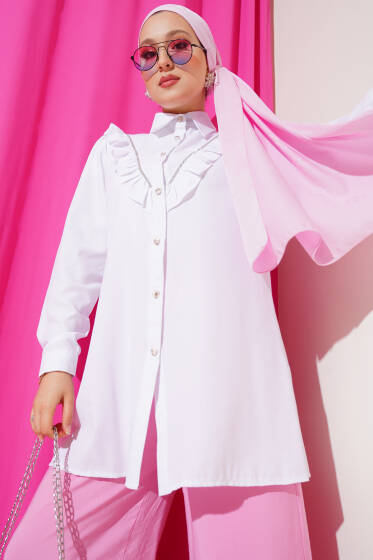 Önü Fırfır Taş Şerit Geçişli Düğmeli Gömlek Beyaz - Gömlek