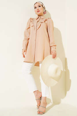 Önü Fırfır Taş Şerit Geçişli Düğmeli Gömlek Camel - 500-700 TL Ürünler