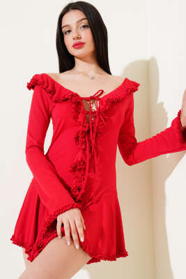 Önü Fırfırlı Bağlamalı Mini Elbise Kırmızı - DİSCO FASHİON