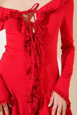 Önü Fırfırlı Bağlamalı Mini Elbise Kırmızı - Kadın Giyim Modelleri