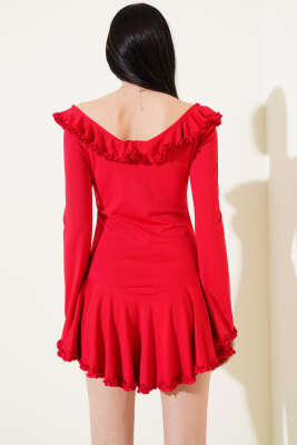 Önü Fırfırlı Bağlamalı Mini Elbise Kırmızı - Kadın Giyim Modelleri