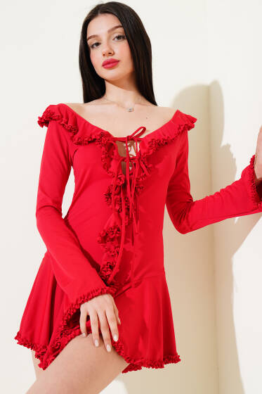 Önü Fırfırlı Bağlamalı Mini Elbise Kırmızı - Yeni Giyim