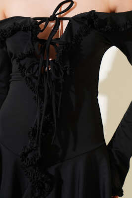 Önü Fırfırlı Bağlamalı Mini Elbise Siyah - Kadın Giyim Modelleri