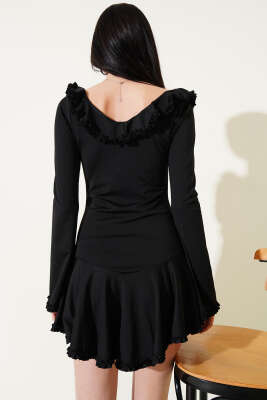Önü Fırfırlı Bağlamalı Mini Elbise Siyah - Kadın Giyim Modelleri