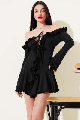 Önü Fırfırlı Bağlamalı Mini Elbise Siyah 
