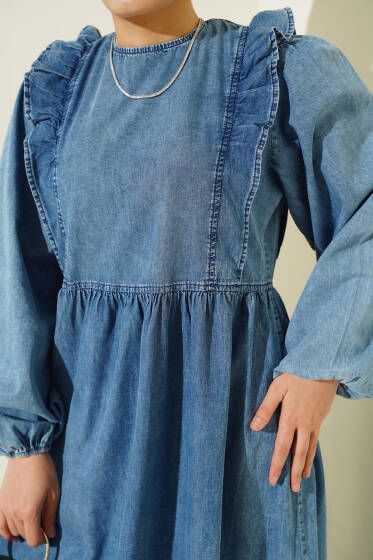 Önü Fırfırlı Balon Kol Kot Elbise Kot