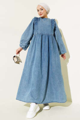 Önü Fırfırlı Balon Kol Kot Elbise Kot - Tesettür Elbise