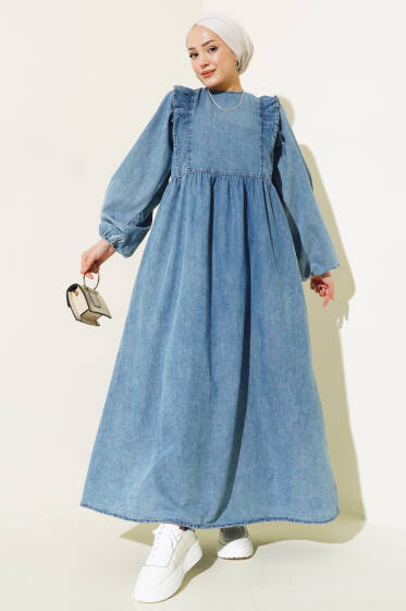 Önü Fırfırlı Balon Kol Kot Elbise Kot - Tesettür Elbise