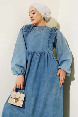 Önü Fırfırlı Balon Kol Kot Elbise Kot - Tesettür Elbise