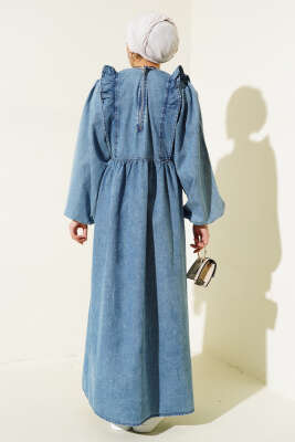 Önü Fırfırlı Balon Kol Kot Elbise Kot - Tesettür Elbise