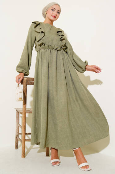 Önü Fırfırlı Bel Lastikli Elbise Çağla Yeşili - Elbise