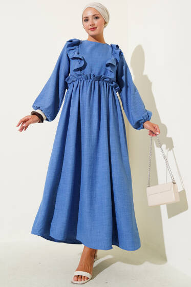 Önü Fırfırlı Bel Lastikli Elbise İndigo - Elbise