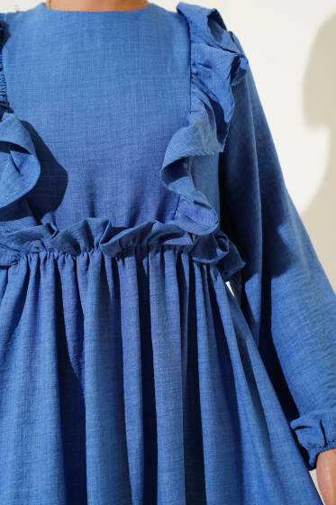 Önü Fırfırlı Bel Lastikli Elbise İndigo