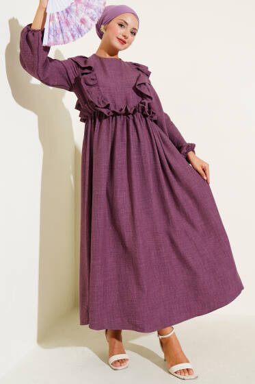 Önü Fırfırlı Bel Lastikli Elbise Magenta - Elbise
