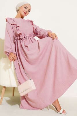 Önü Fırfırlı Bel Lastikli Elbise Pudra