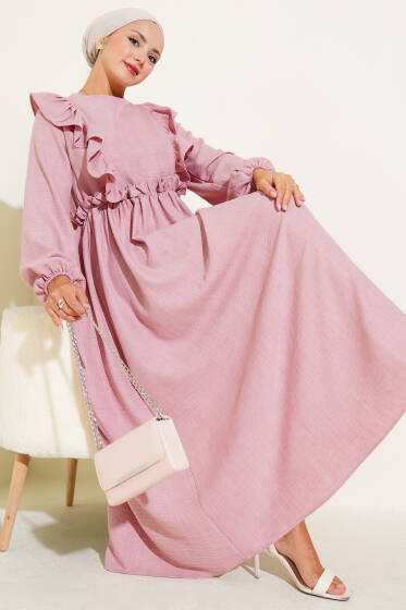 Önü Fırfırlı Bel Lastikli Elbise Pudra - Yılın Fırsatı