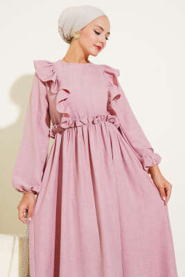 Önü Fırfırlı Bel Lastikli Elbise Pudra - Yılın Fırsatı