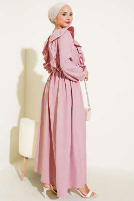 Önü Fırfırlı Bel Lastikli Elbise Pudra - Yılın Fırsatı