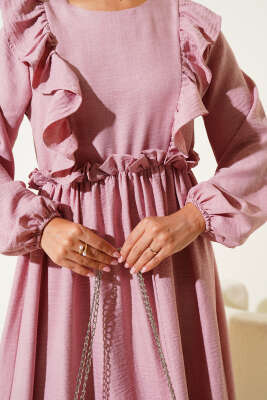 Önü Fırfırlı Bel Lastikli Elbise Pudra - Yılın Fırsatı