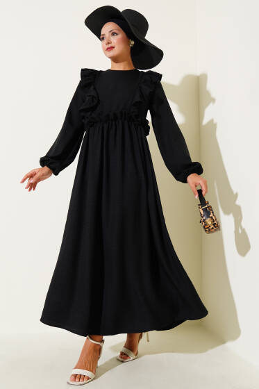 Önü Fırfırlı Bel Lastikli Elbise Siyah - Elbise