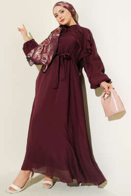 Önü Fırfırlı Bel Lastikli Kuşaklı Elbise Bordo - MODA NORVELLA