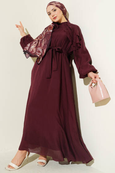 Önü Fırfırlı Bel Lastikli Kuşaklı Elbise Bordo - Elbise