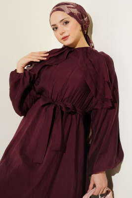 Önü Fırfırlı Bel Lastikli Kuşaklı Elbise Bordo - Elbise