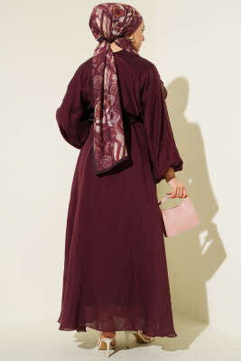 Önü Fırfırlı Bel Lastikli Kuşaklı Elbise Bordo - Elbise