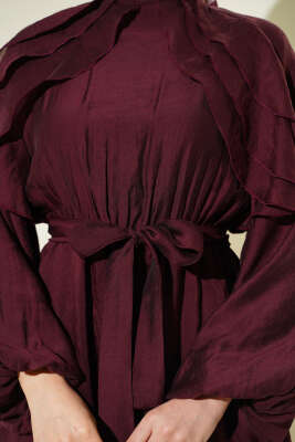 Önü Fırfırlı Bel Lastikli Kuşaklı Elbise Bordo - Elbise