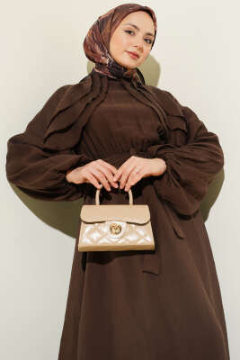 Önü Fırfırlı Bel Lastikli Kuşaklı Elbise Kahve - Elbise